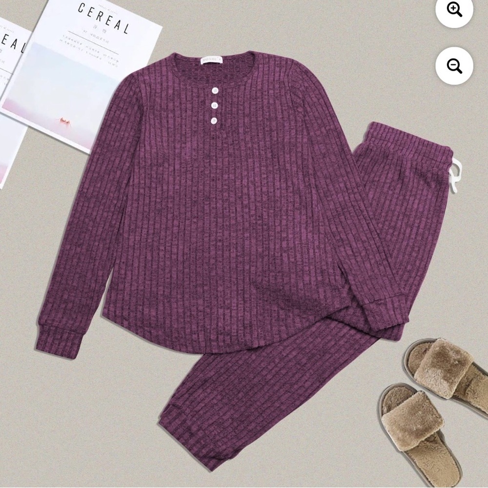 Ribbed Henley Lounge Pajama Set - Plum - Picture 7 of 7